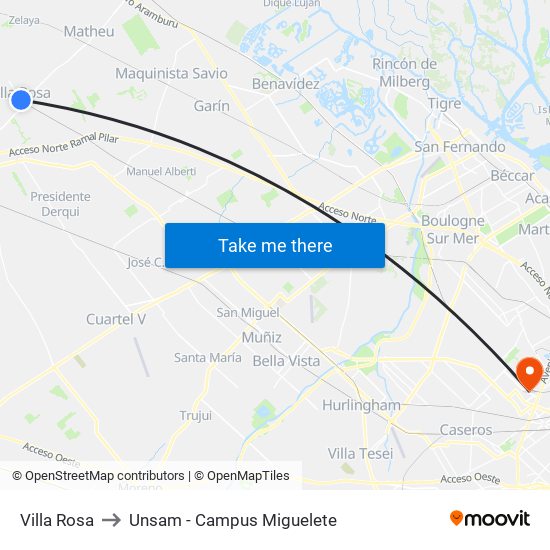 Villa Rosa to Unsam - Campus Miguelete map