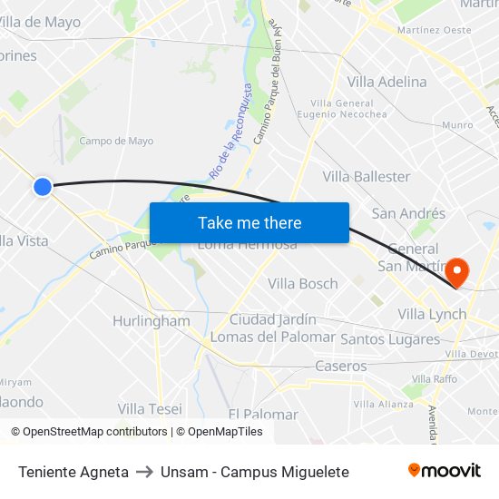 Teniente Agneta to Unsam - Campus Miguelete map