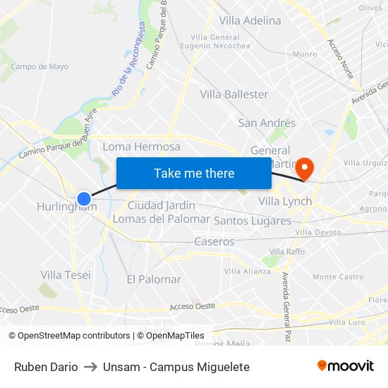 Ruben Dario to Unsam - Campus Miguelete map