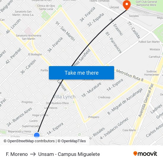 F. Moreno to Unsam - Campus Miguelete map