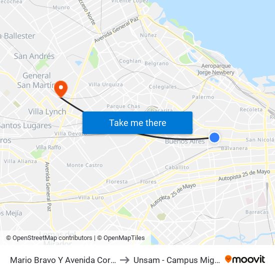 Mario Bravo Y Avenida Corrientes to Unsam - Campus Miguelete map