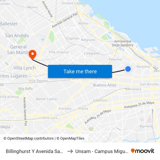 Billinghurst Y Avenida Santa Fe to Unsam - Campus Miguelete map