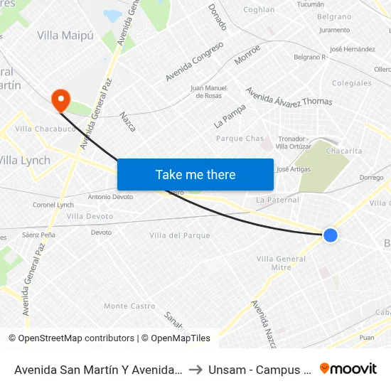 Avenida San Martín Y Avenida Juan B. Justo to Unsam - Campus Miguelete map