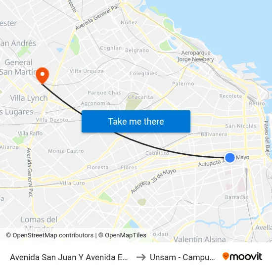 Avenida San Juan Y Avenida Entre Ríos (53 - 126) to Unsam - Campus Miguelete map