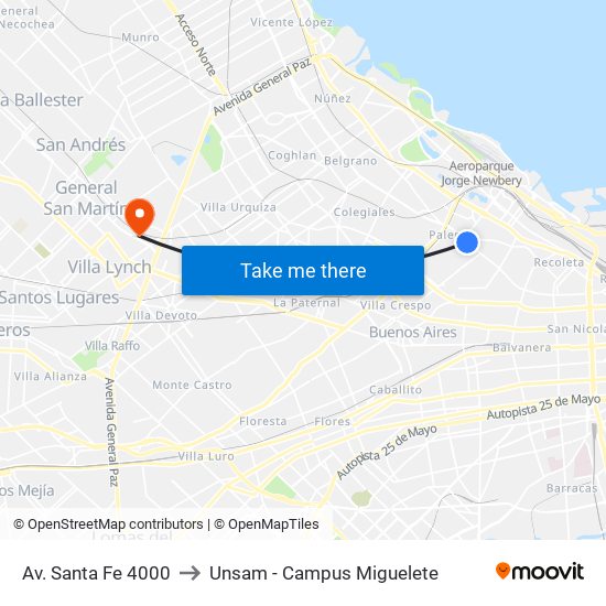 Av. Santa Fe 4000 to Unsam - Campus Miguelete map