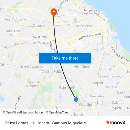 Cruce Lomas to Unsam - Campus Miguelete map