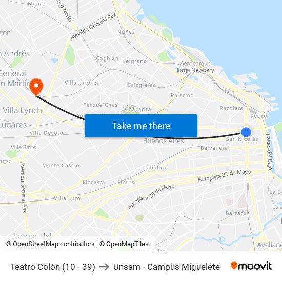 Teatro Colón (10 - 39) to Unsam - Campus Miguelete map