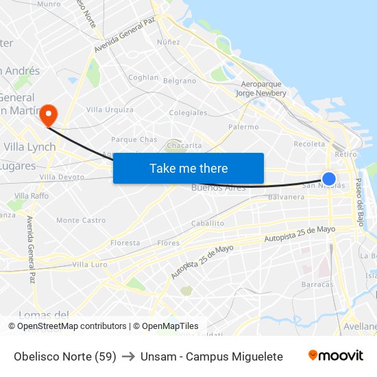 Obelisco Norte (59) to Unsam - Campus Miguelete map