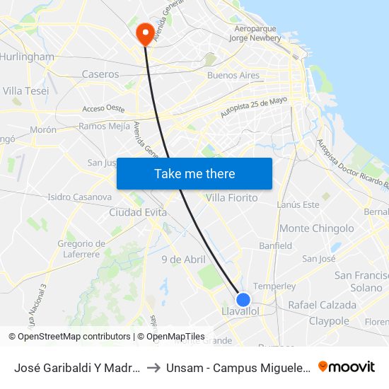 José Garibaldi Y Madrid to Unsam - Campus Miguelete map