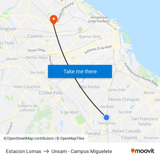 Estacion Lomas to Unsam - Campus Miguelete map