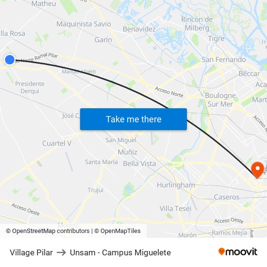 Village Pilar to Unsam - Campus Miguelete map