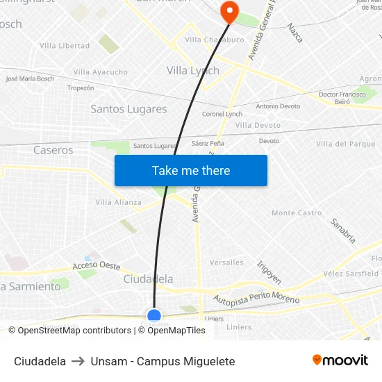 Ciudadela to Unsam - Campus Miguelete map