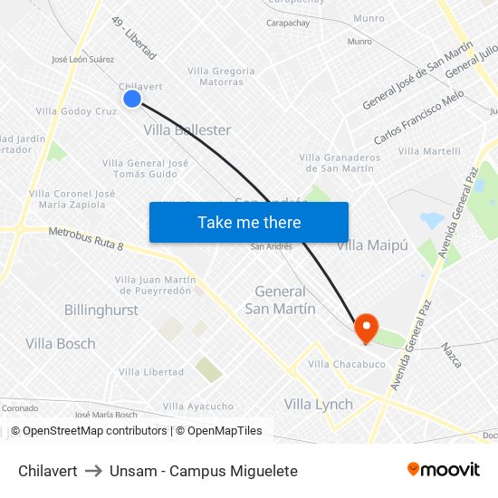 Chilavert to Unsam - Campus Miguelete map