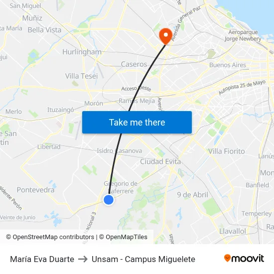 María Eva Duarte to Unsam - Campus Miguelete map