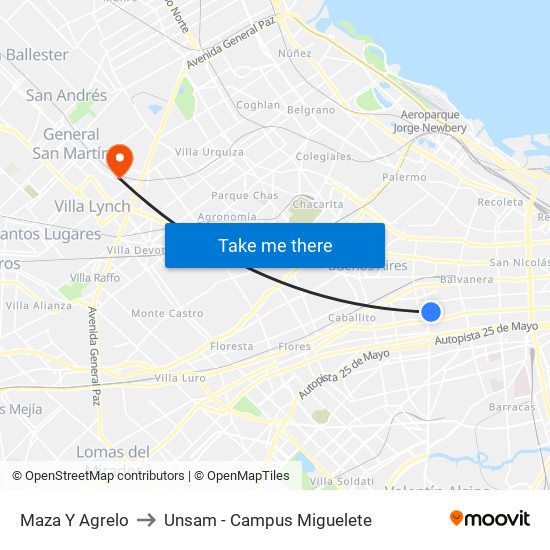 Maza Y Agrelo to Unsam - Campus Miguelete map