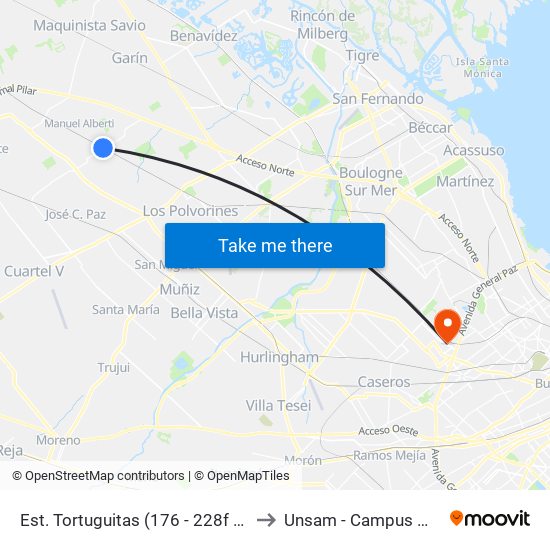 Est. Tortuguitas (176 - 228f - 448 - 501) to Unsam - Campus Miguelete map