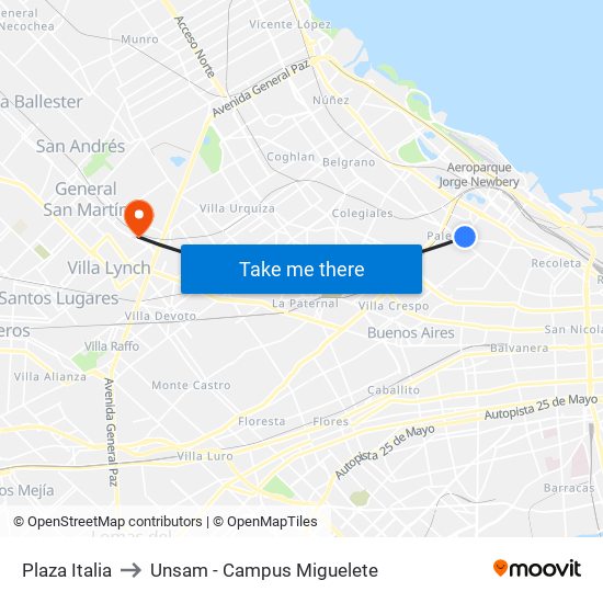 Plaza Italia to Unsam - Campus Miguelete map