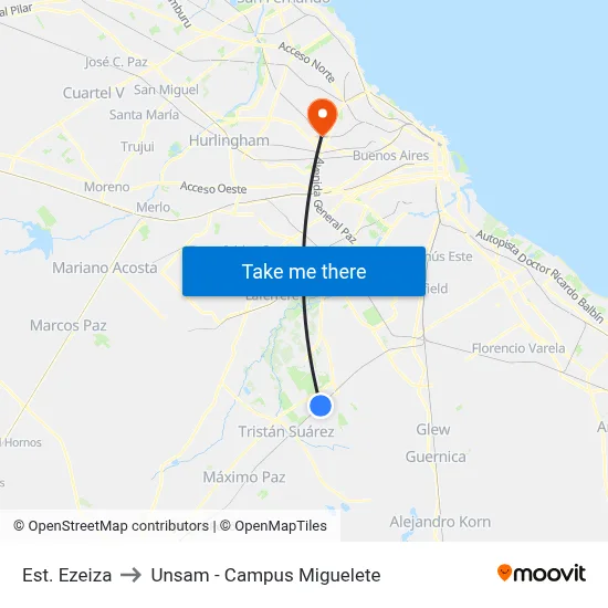 Est. Ezeiza to Unsam - Campus Miguelete map