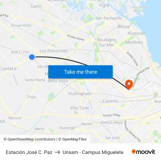 Estación José C. Paz to Unsam - Campus Miguelete map