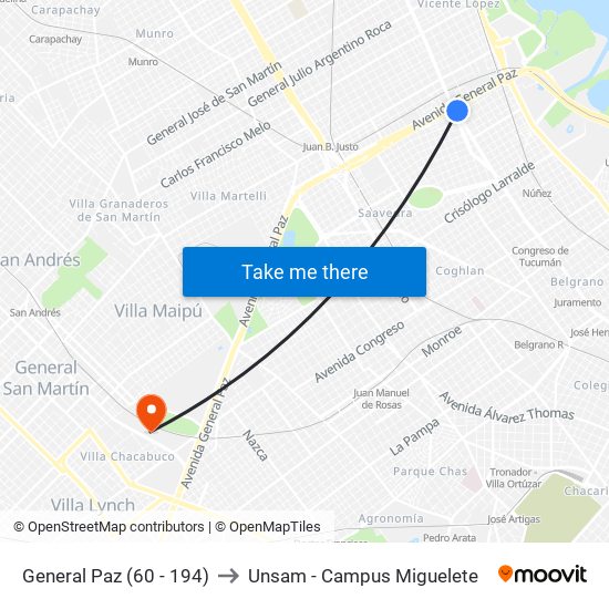 General Paz (60 - 194) to Unsam - Campus Miguelete map