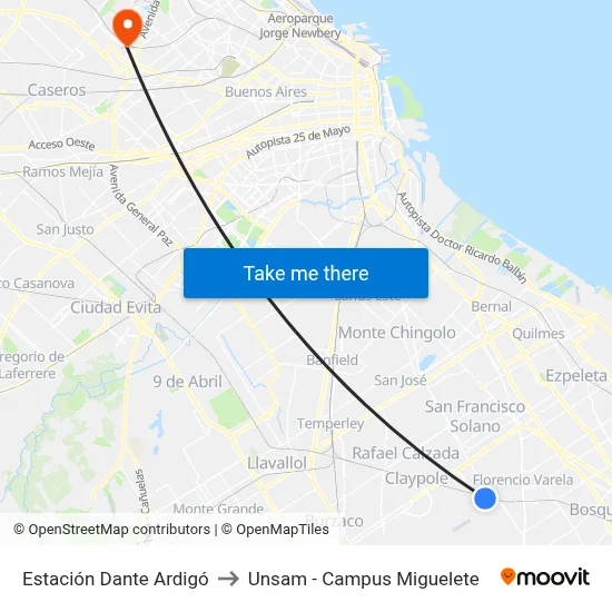 Estación Dante Ardigó to Unsam - Campus Miguelete map