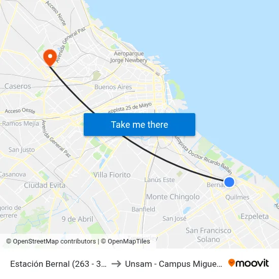 Estación Bernal (263 - 324) to Unsam - Campus Miguelete map