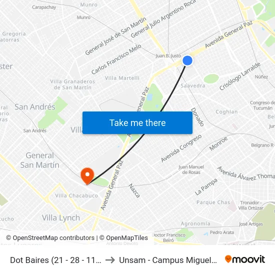 Dot Baires (21 - 28 - 117) to Unsam - Campus Miguelete map