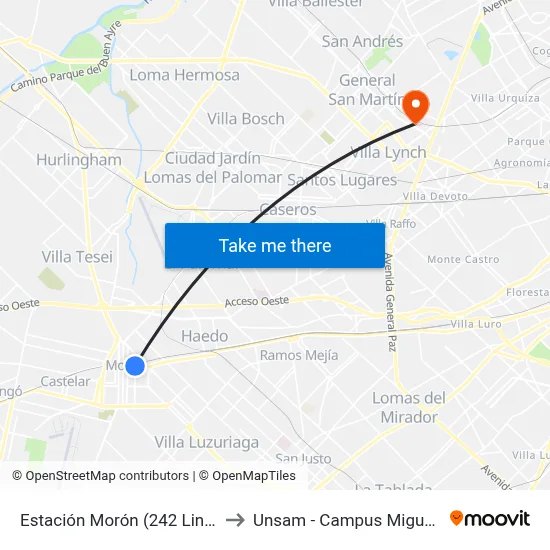 Estación Morón (242 Liniers) to Unsam - Campus Miguelete map