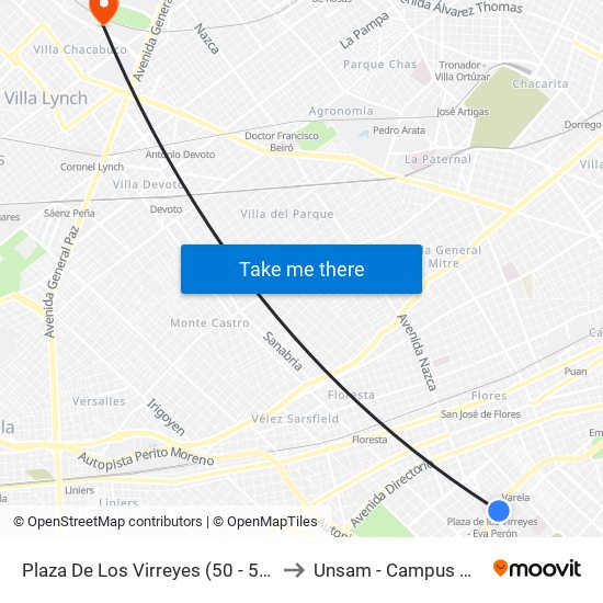 Plaza De Los Virreyes (50 - 56 - 76 - 101) to Unsam - Campus Miguelete map