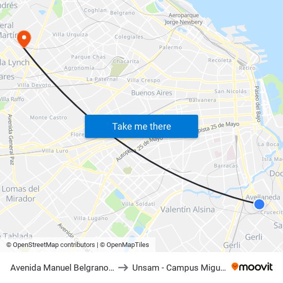 Avenida Manuel Belgrano, 827 to Unsam - Campus Miguelete map