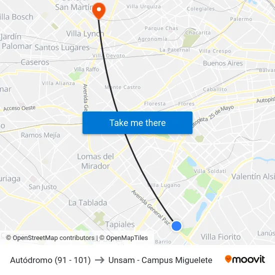 Autódromo (91 - 101) to Unsam - Campus Miguelete map