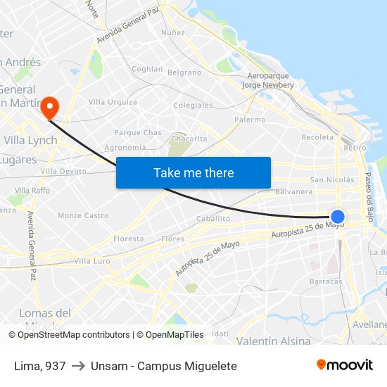 Lima, 937 to Unsam - Campus Miguelete map