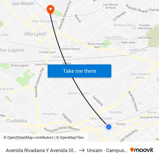 Avenida Rivadavia Y Avenida Olivera (1 - 88 - 96) to Unsam - Campus Miguelete map