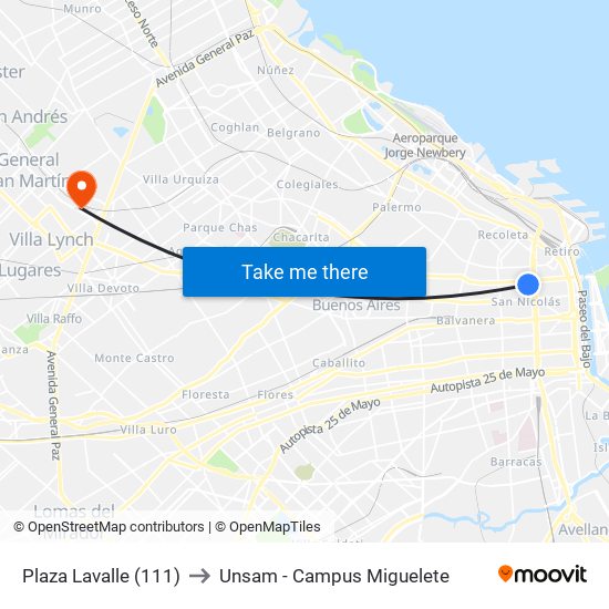 Plaza Lavalle (111) to Unsam - Campus Miguelete map