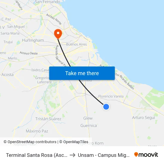 Terminal Santa Rosa (Ascenso) to Unsam - Campus Miguelete map