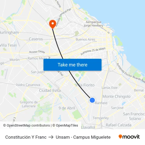 Constitución Y Franc to Unsam - Campus Miguelete map