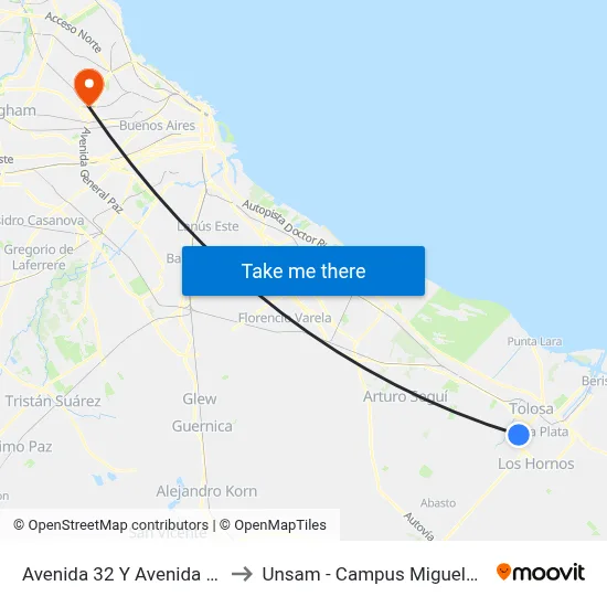 Avenida 32 Y Avenida 25 to Unsam - Campus Miguelete map