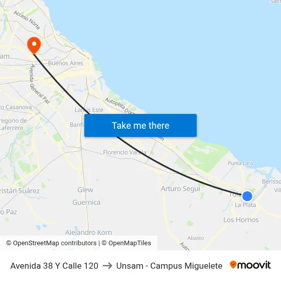 Avenida 38 Y Calle 120 to Unsam - Campus Miguelete map