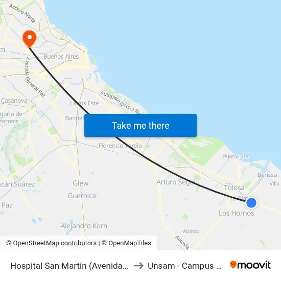 Hospital San Martín (Avenida 1 Y Calle 69) to Unsam - Campus Miguelete map