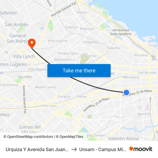 Urquiza Y Avenida San Juan (31 - 32) to Unsam - Campus Miguelete map