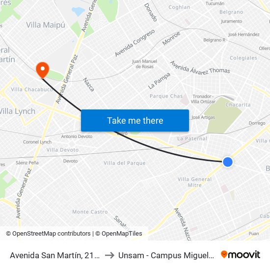 Avenida San Martín, 2163 to Unsam - Campus Miguelete map