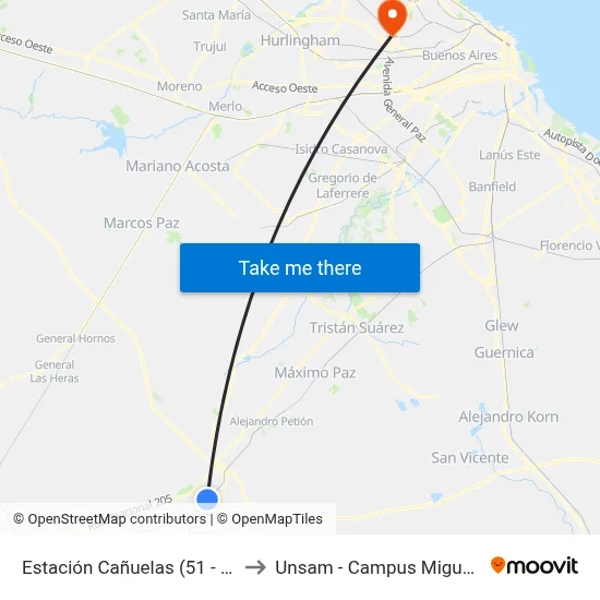 Estación Cañuelas (51 - 502) to Unsam - Campus Miguelete map