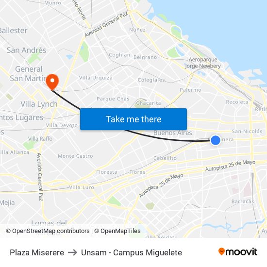 Plaza Miserere to Unsam - Campus Miguelete map