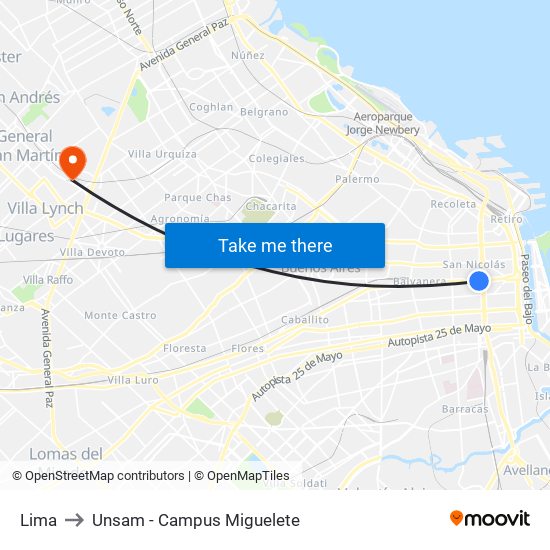 Lima to Unsam - Campus Miguelete map