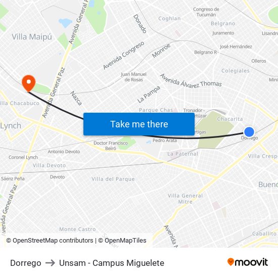 Dorrego to Unsam - Campus Miguelete map