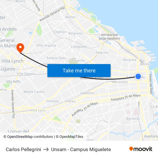 Carlos Pellegrini to Unsam - Campus Miguelete map