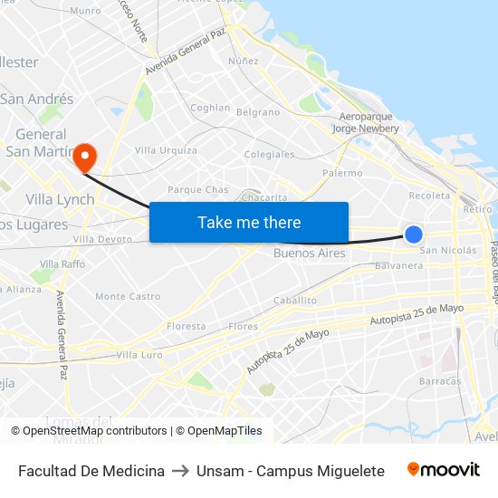 Facultad De Medicina to Unsam - Campus Miguelete map