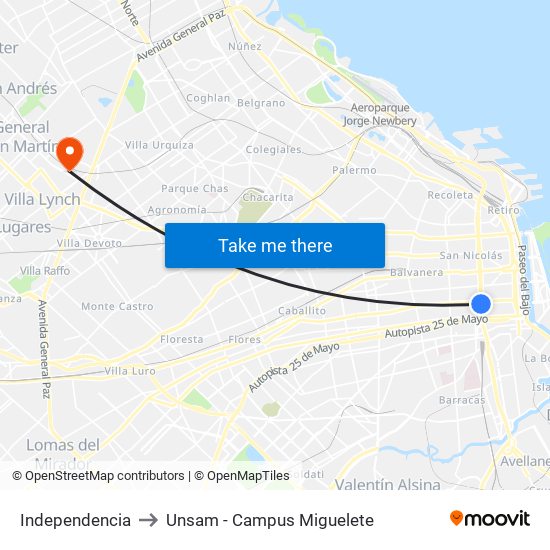 Independencia to Unsam - Campus Miguelete map