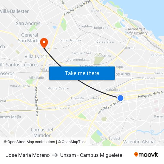 Jose Maria Moreno to Unsam - Campus Miguelete map