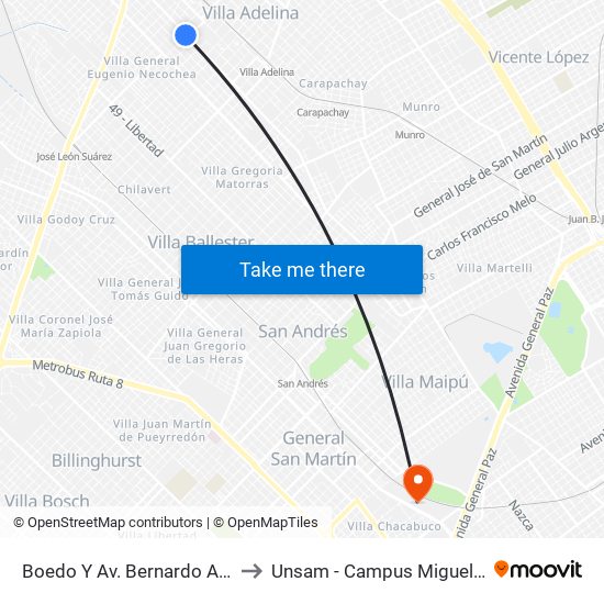 Boedo Y Av. Bernardo Ader to Unsam - Campus Miguelete map